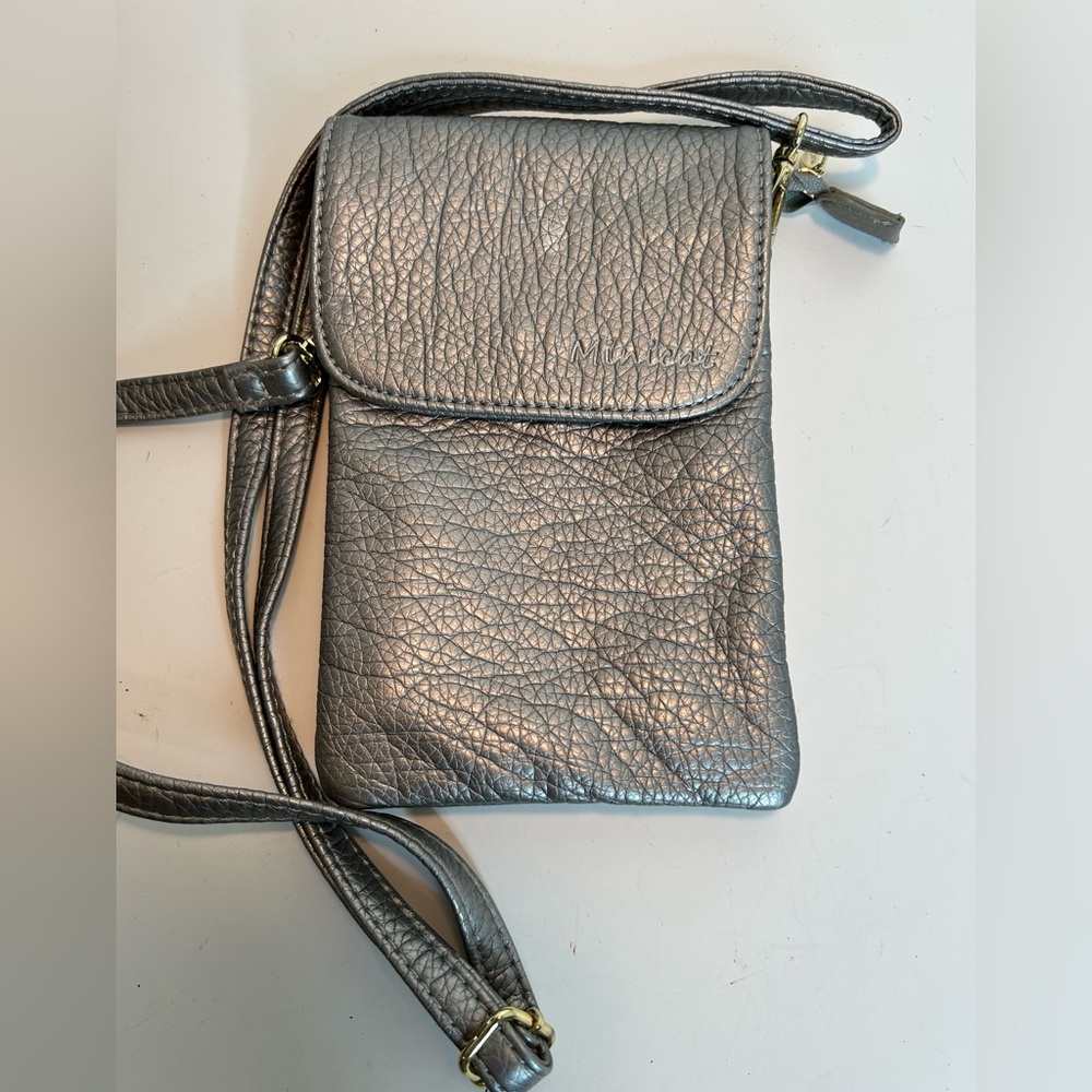 Minicat Vegan Leather Metallic Silver Cell Phone Crossbody Bag